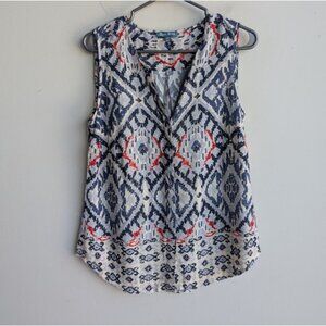 Fleur Bleue Ikat Print Button Down Sleeveless Top